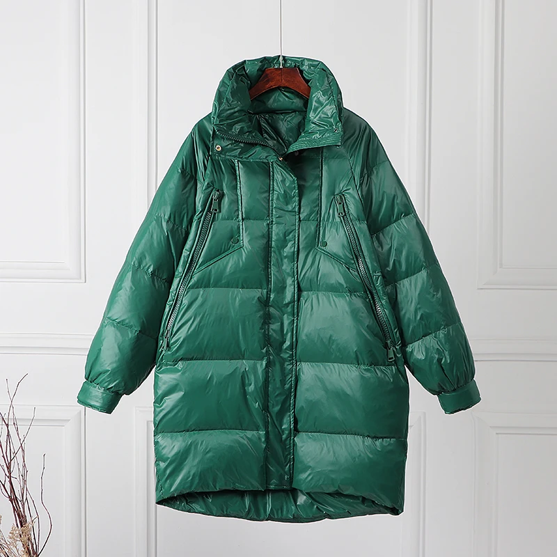 

White Duck Down Jacket Woman Stand Collar Long Coat Winter Loose Waterproof Down Overcoats Loose Parka Snow Outerwear