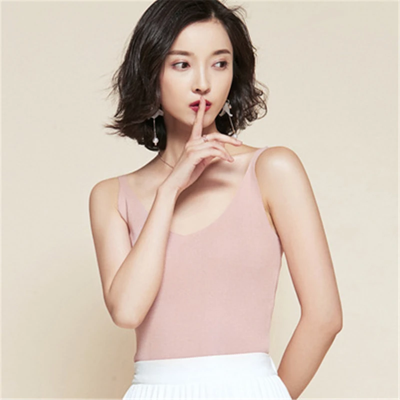 Весна и лето сексуальный камзол женский корейский вариант большого размера Женский Повседневный тонкий жилет джемпер - Цвет: light pink