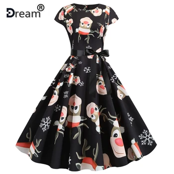 

Women Clothes 2020 Autumn Winter Dresses Fawn Print Black O-Neck Vestidos Casual Plus Size 50s 60s Vintage Elegant Party Dress