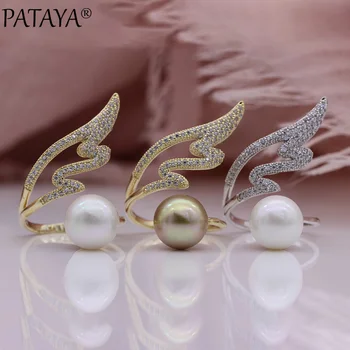 

PATAYA New Women Open Rings Champagne Shell Pearls Hyperbole Rings Natural Zircon 585 Rose Gold Wedding Luxury Fashion Jewelry