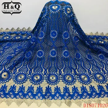 

H&Q blue nigerian lace fabric high quality embroidered with stones african water soluble laces fabrics 5 yards/piece for sewing