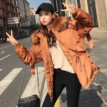 

Rlyaeiz New Winter Coat Women 2019 Fashion Short Winter Jacket Women Fake Raccoon Fur Collar Hooded Parka Warm Jackets Overcoat