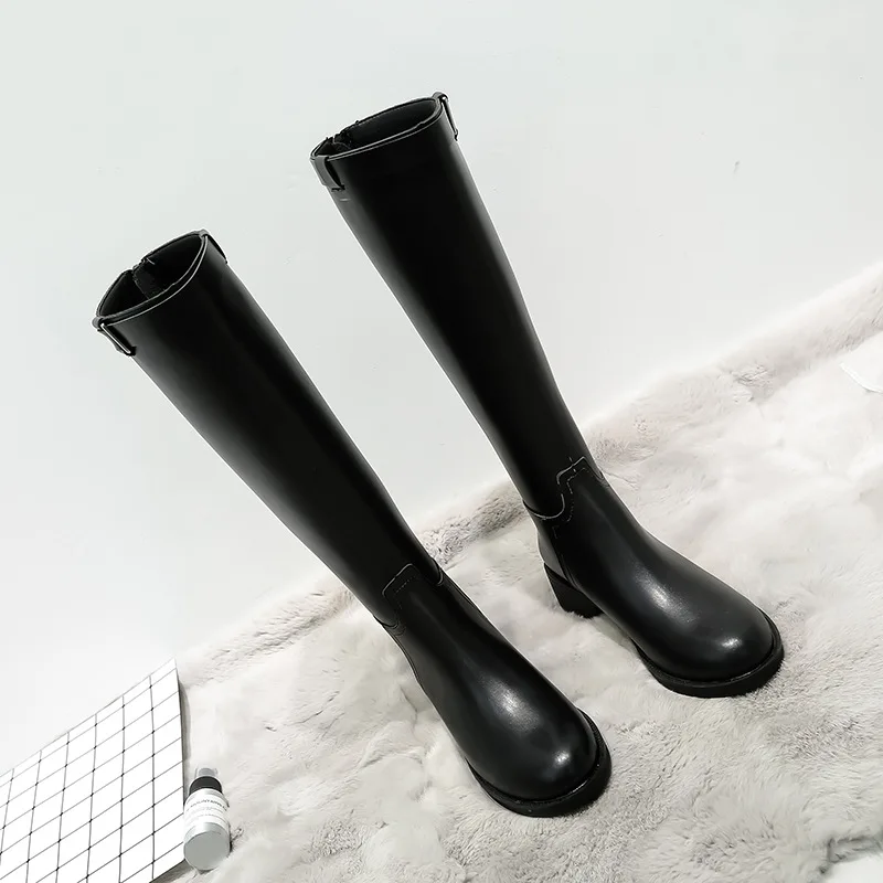 

Lady Boots Zipper Low Heels booties Leather Booties Shoes Winter Women Bootee Woman 2019 Round Toe Ladies Over-the-knee Rubber