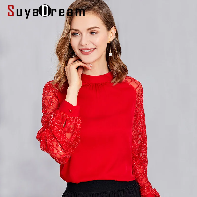 

SuyaDream Women Silk Blouses 92%Silk 8%Spandex 2020 Spring Embroidery Lantern Sleeved Stand Collor Blouse Shirt