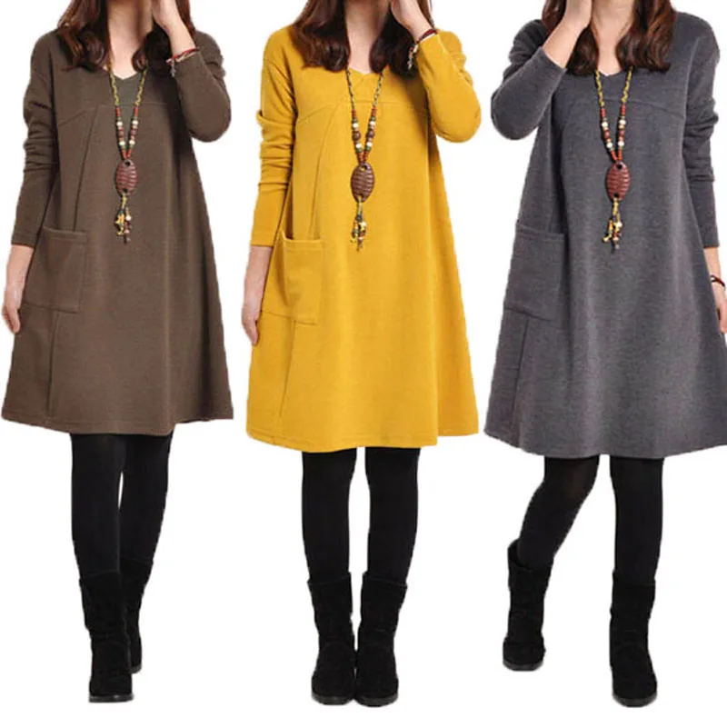

5 Colors 2016 Vestidos Winter Spring Women Vintage Long Sleeve Pockets Dress Casual Loose Ladies V Neck Mini Dresses Plus Size
