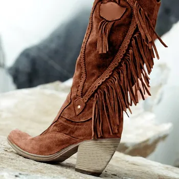 

Quality High Women's Casual Shoes Ladies Solid Retro Vintage Solid Sewing Fringe Flock Middle Boots Plus size 43 Bota Feminina