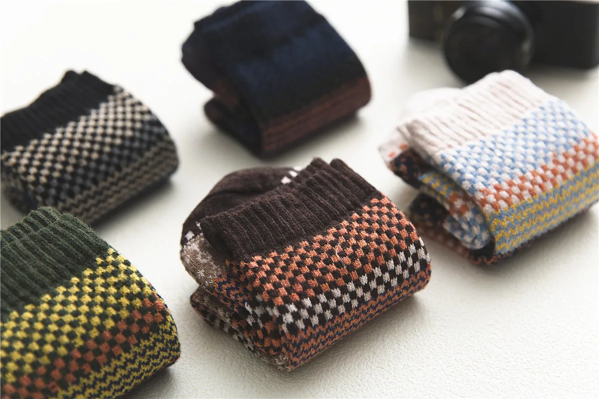 5HSS Brand Business Man Lână 5 perechi / lot Șosete bărbătești îngroșate din bumbac calde, stil retro național, pătrate mici pentru zăpadă_voghion.com
