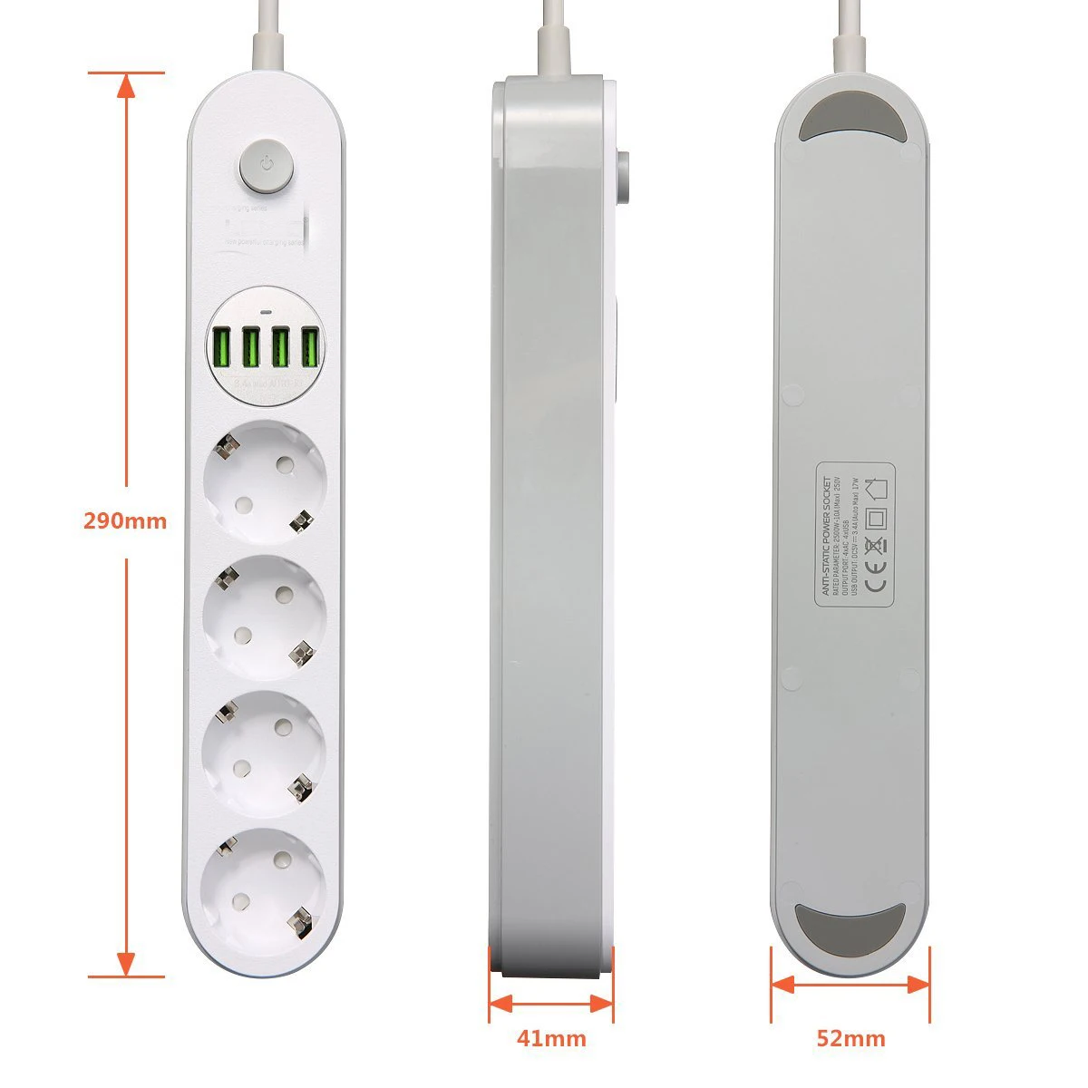 Многоразовая силовая лента, защита от перенапряжения, 4 розетки, штепсельная вилка европейского стандарта, с USB зарядным устройством, 2500 Вт, с выключателем, 2 м, удлинитель для телефона, ПК