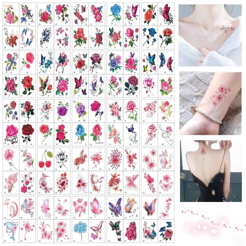 100pcs/Set No Repeat Flowers Butterfly Temporary Tattoos Waterproof