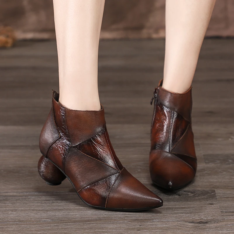 

Pointed Toes Women Ankle Boots Shoes 2019 VALLU Natural Leather Lady Boots Handmade Vintage Round Heels Female Booties