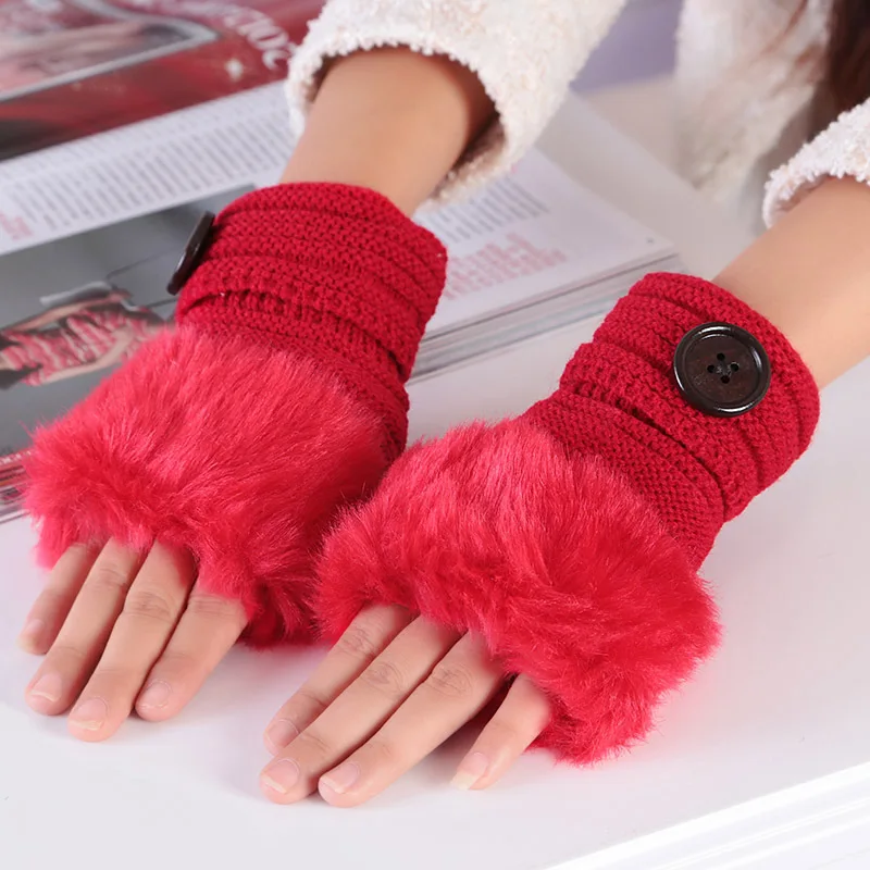 

Sparsil Women Winter Warm Mittens Soft Faux Rabbit Fur with Buttons Knitted Wool Ladies Cute Fingerless Solid Fashion