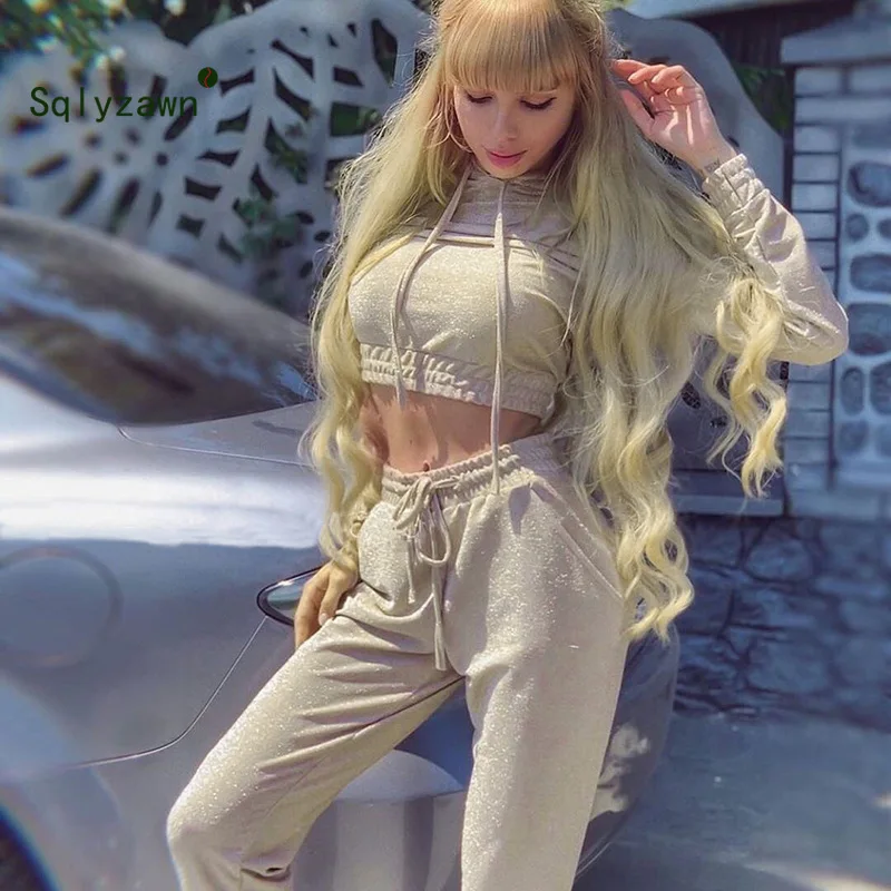 

Winter Shine Tracksuit Female Two Piece Set Outfits Women Slim Knit Silver Long Sleeve Hooded Sweatshirt + Sportwear Pants Suit