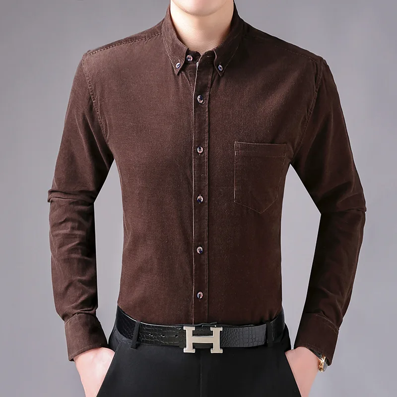 Для мужчин Демисезонный Вельветовая рубашка модного бренда Slim Fit Мужской Повседневное из мягкого хлопка для детей Одежда дропшиппинг лаки для ногтей