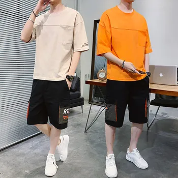 

Summer Short Sleeve T-Shirts+Shorts Trouers Two Piece Set Men'S Sportwear Pants Clothes Tracksuit Hip Hop Plus OverSize 5XL