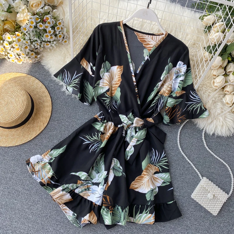 Women Floral Chiffon Rompers short sleeves Korean beach overalls bohemian loose casual summer wide leg pants playsuits G1375