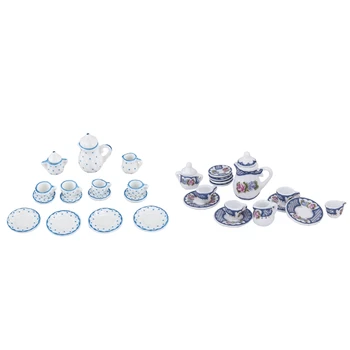 

2 Set Miniature Porcelaine Tea Set:1 Set 15 Pcs Dish/Cup/Plate---Blue for 1/12 Dollhouse & 1 Set 17 Pcs Dollhouse Miniature 1:12