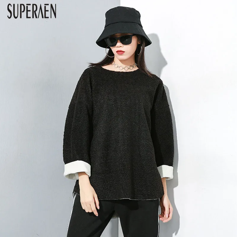 SuperAen Winter New Round Neck Hoody Wild Sweatshirts Women Pluz Size Casual Ladies Sweatshirts Solid Color Cotton Tops