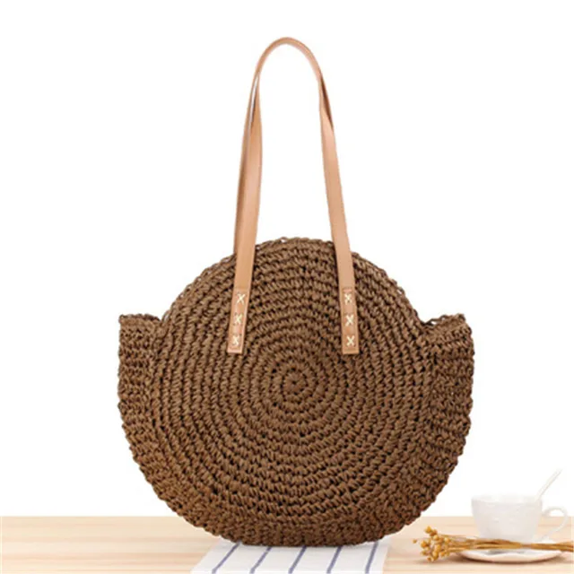 Large Capacity Round Zipper Fashionable Straw Woven Bag Handmade Summer Beach Travel Holiday Women Bags 8 Dark Brown