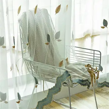 

Two-color leaf Gauze Window Screen Living Room Blue Velvet Lace Embroidered Bedroom Curtain With Gauze Tulle Drapes MY116#5
