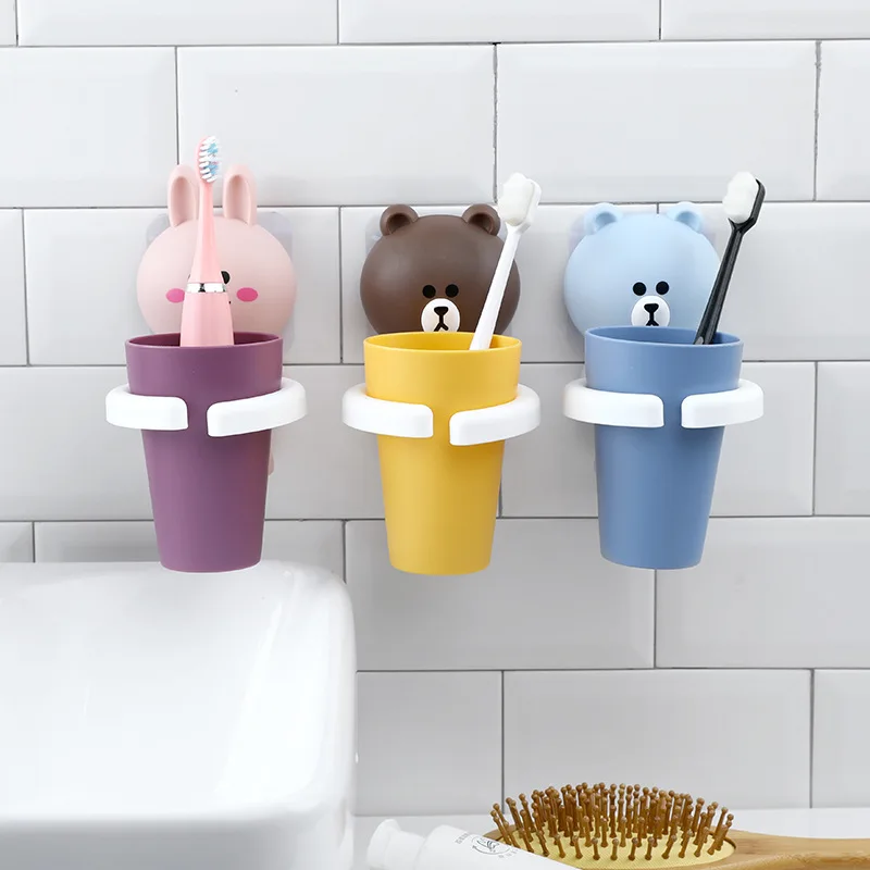 Soporte para cepillo de dientes con dibujos de animales, accesorios para baño sin perforaciones, montado en la pared, taza para lavar la boca, peine, pasta dental, estante para almacenar tubos