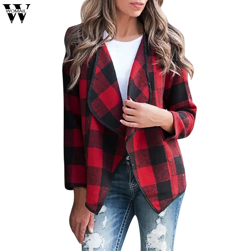 Womail женские пальто Модные женские с v-образным вырезом с длинным рукавом клетчатые обычные несимметричные легкие пальто для женщин Abrigo S-2XL