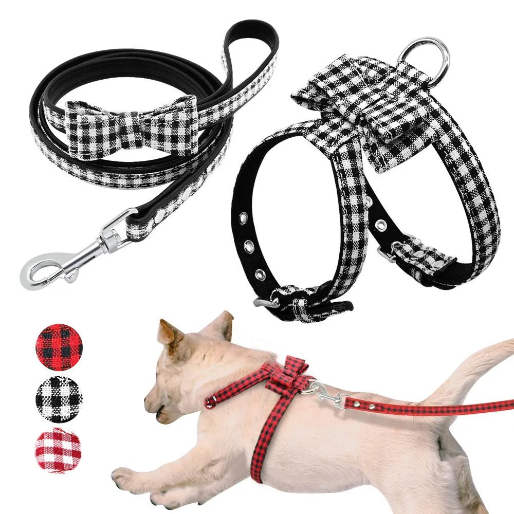 

Plaid pattern Dog Vest Harness Check Pattern Puppy Collar Cat Leash Quick Release Doggie Microfiber Lead