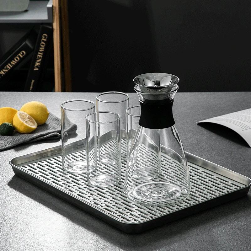 Tea Tray 304 Stainless Steel Chinese Tea Tray Rectangle Hollow Drain Board Barbecue Filter Oil Plate Cup Food Storage Pan Ceremony Tools
