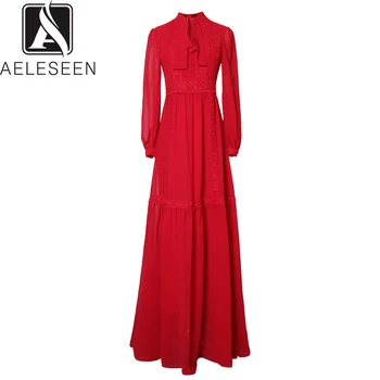 

AELESEEN 2020 Spring Luxury European Party Maxi Dresses Women Elegant Lace Lantern Sleeve Bow Collar Empire Solid A-Line Dress