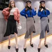 Женская клетчатая юбка-карандаш с высокой талией и рюшами в клетку, модная женская длинная юбка