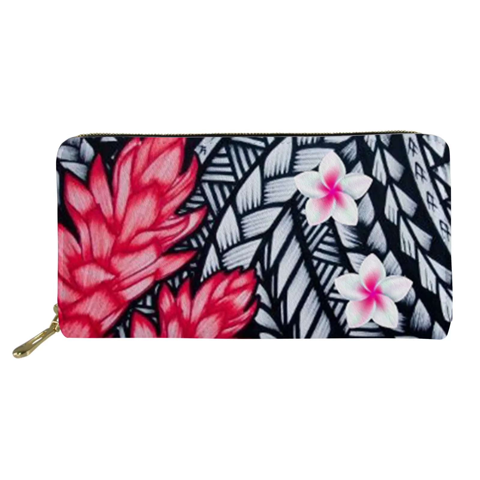 

Leather Wallet Women Polynesia Plumeria Native Print PU Ladies Long Money Wallets Handbag Passport Walet Cell Phone Card Holder