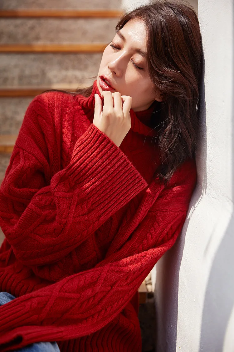 Вязаный женский свитер, кашемировый свитер большого размера, милые розовые свитера, зимняя одежда, пуловер с высоким воротом, красная роскошная дизайнерская одежда