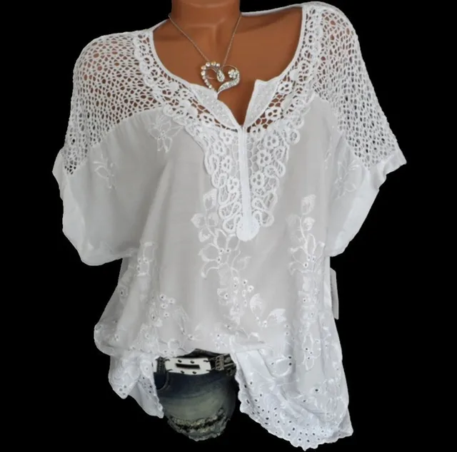 Large Size Loose Short-Sleeved Lace Women Blouses Cotton Blouses 2021 Summer Shirt Tops Sexy Fashion Women Shirt white