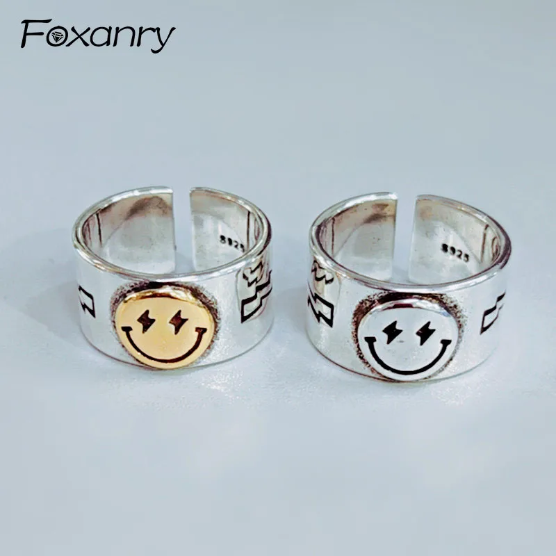 Foxanry Silver Color Party Rings Vintage Simple Smiling Face