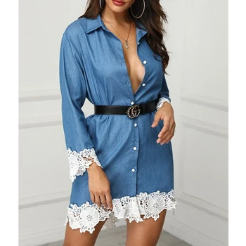 

Fashion Women's Denim Dress Button Summer Lace Long Sleeve Office Ladies Casual Loose Tops Mini Shirt Dress
