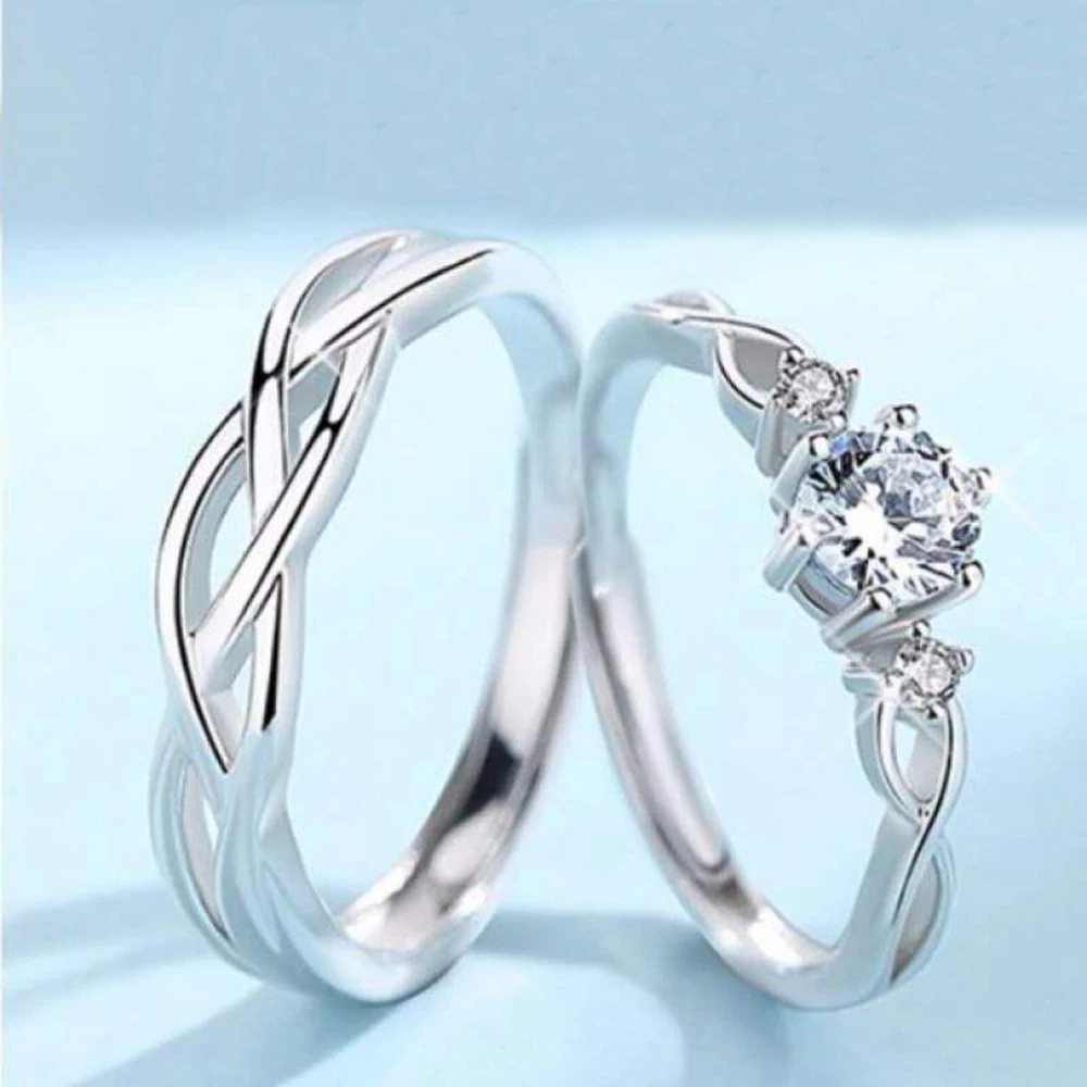 Resizeable Couple Wedding Engagement Ring CZ Silver Plated Crystal 2Pcs/Set wedding rings,ring set,couples rings