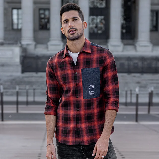 Cotton Plaid Red Shirt Men Dress Button 