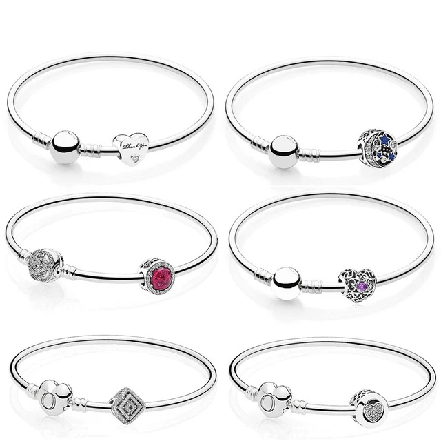 

Keris Store100% 925 Sterling silver Belle's Radiant Rose Bangle Set Clear CZ fit DIY charm Bracelets jewelry A set