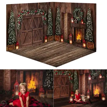 

Rustic wood door Photo Background Wooden Fireplace Backdrop for Photography Christmas Tree Wood Floor Backgrounds for Photo Prop