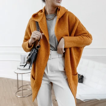 

2020 Women Knit Sweater Cardigan Solid Hooded Female Cardigan Warm Thick Long Coat Winter Knitting Coat Ladies Autumn Knittwear