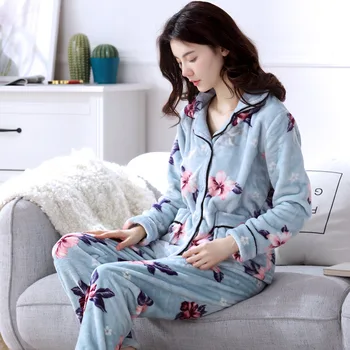 

Women Autumn/Winter Home Wear Thick Thermal Pyjamas Flannel Long-Sleeved Trousers Lapel Pyjamas Bathrobe Lounge Negligee Pajamas