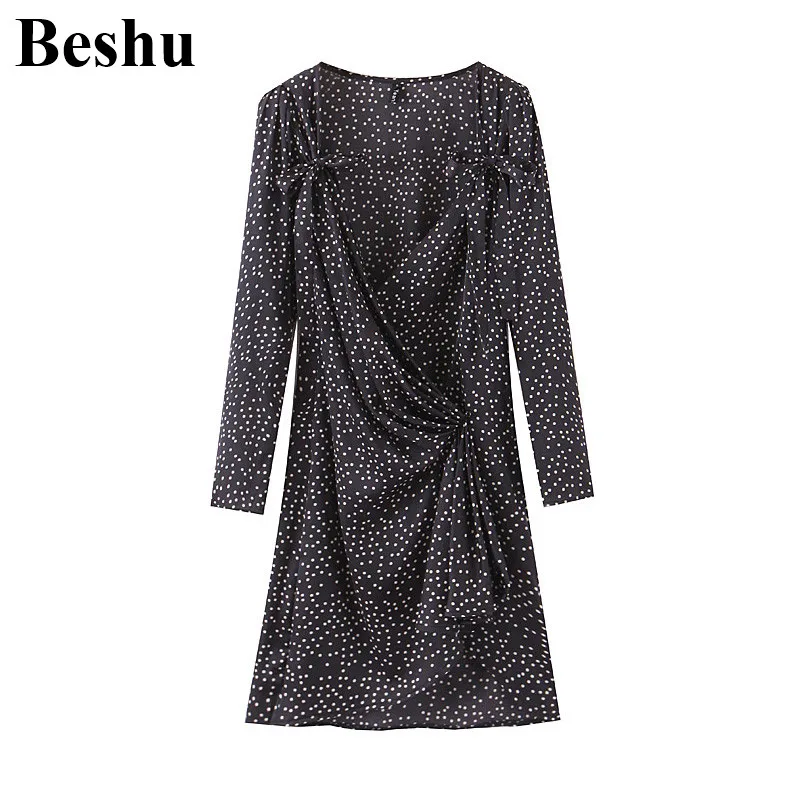 

Fashion women autumn dots print V-neck wrap sexy dress bow tie puff long sleeve mini dresses chic A line satin vestidos