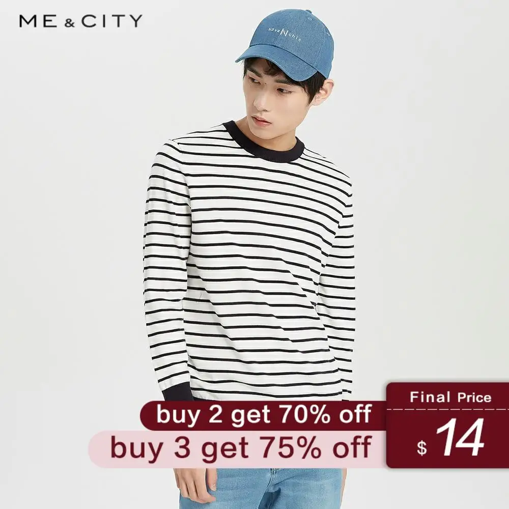 

Me&city 2019 Brand stripe Basic Sweater Men Round neck Autumn Winter Fashion Long Sleeve Knitted Men High Quality Cotton Sweater