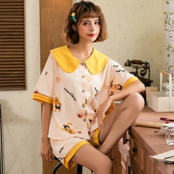 

Simple Summer Women Nightwear Cute Cartoon Girls Letters Patchwork Pajamas Sets 2 Pieces Set Short Sleeve Loose Casual Sleepwear