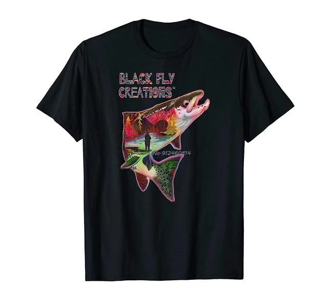 Black Fly Fishing Shirts Rainbow Trout Mountain River Art T-Shirt