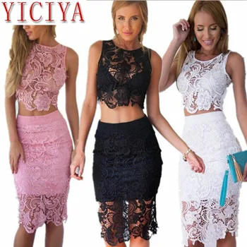 

Sexy lace club 2 piece set skirts Women 2020 summer Outfits Flower Hallow Vest Matching Set Effens White Black Pink Party Night