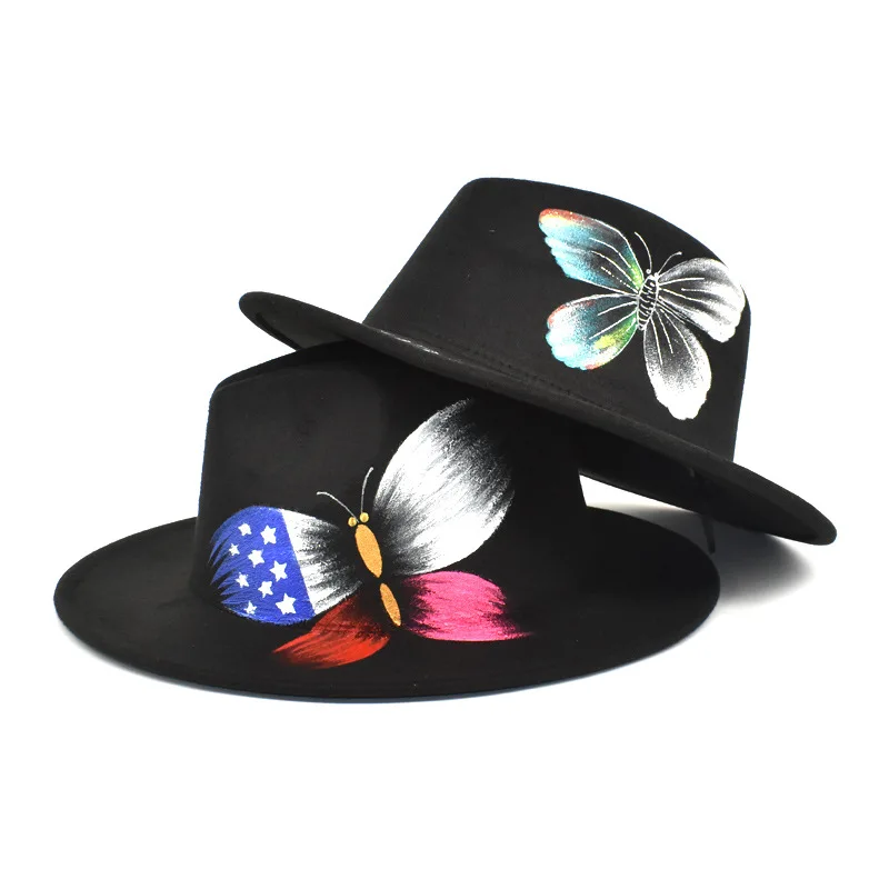 wide brim fedora hat Elegant Women's New Hand-Painted Woollen Hat Top Hat Men's Sun Hat Jazz Hat Fashion Vintage Wide Brim Fedora wool fedora hat