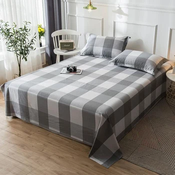

100% Cotton Bedding Soft Flat Sheet Wrinkle Fade Stain Resistant Queen King Full Size Winter 91*96in Plaid Grey White