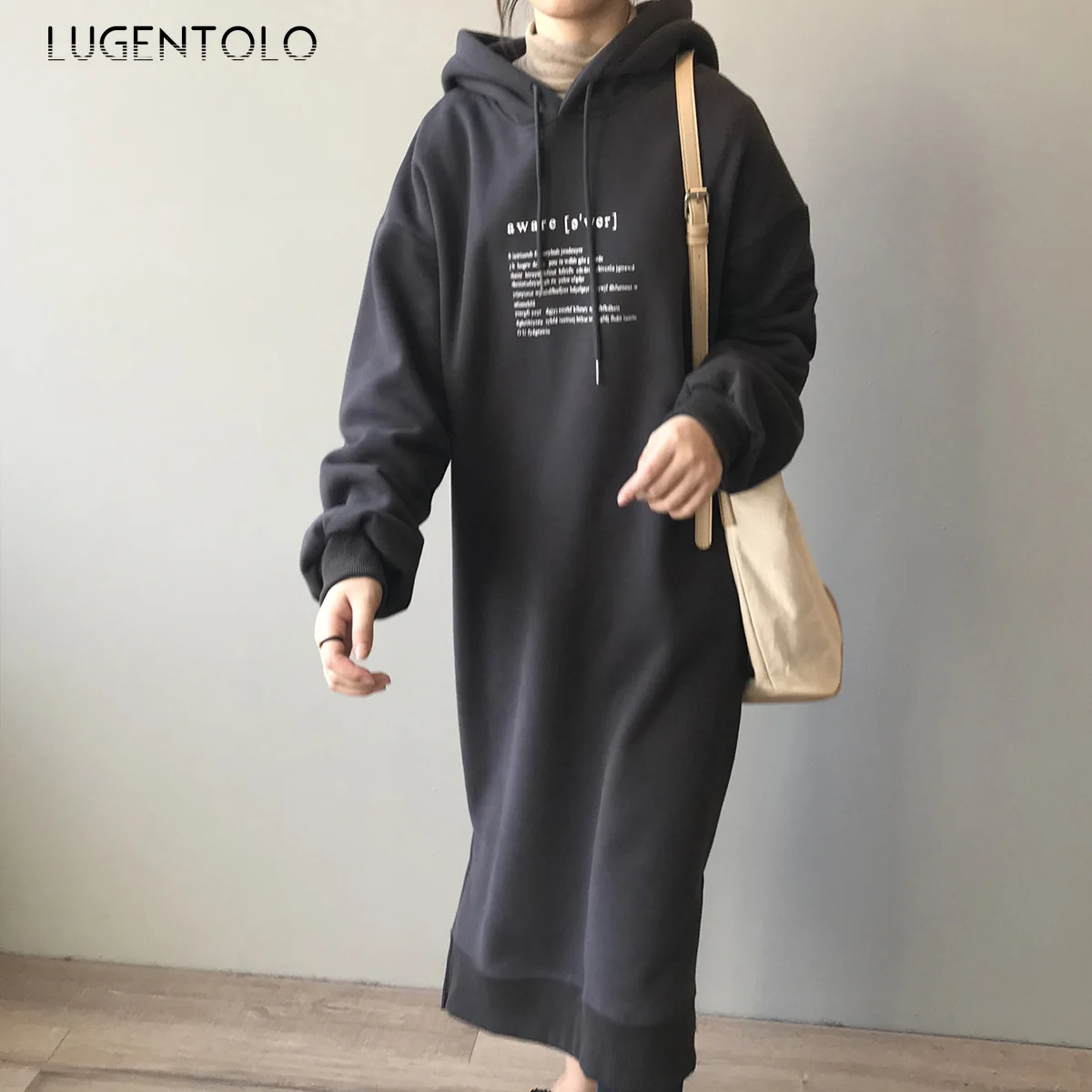 Lugntolo, женские толстовки с капюшоном, Осенние, зимние, повседневные, корейские, с буквенным принтом, плотные, бархатные, с круглым вырезом, прямые, длинные, толстовки, модные, толстовки