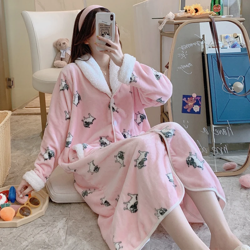

Women Sleepwear Flannel Pyjamas Winter Pajamas Night-Robe Cartoon Gown Warm Nightdress Fashion Sexy