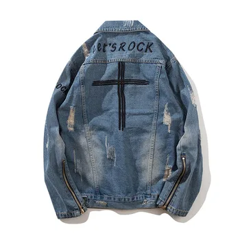 

KIOVNO Men's Punk Ripped Jacket Coats Sleeves Zipper Streetwear Rock Denim Jackets For Male Washed